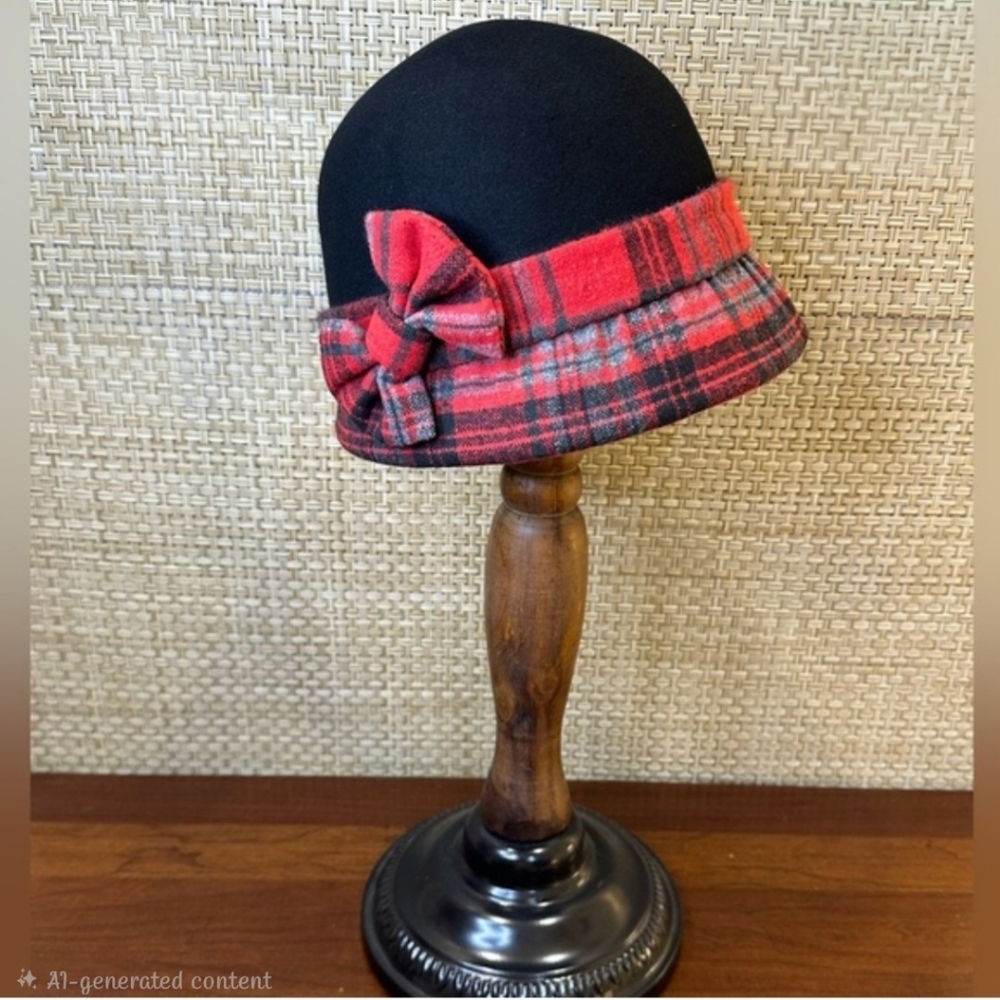 🌟HP🌟Retro Red Tartan Wool Felt Cloche Side Bow Adjustable Water Resistant